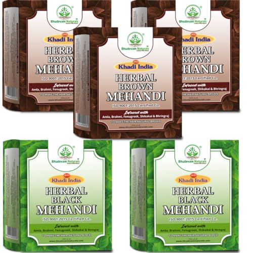 Image of Khadi Organic and Natural Brown Mehandi with Black Mehndi Combo Pack | Herbal Henna Hair Color | Long Lasting Natural Hair Dye | Grey Hair Coverage By Bhudeval Naturals | Suitable for All Hair Types- Pack of 5