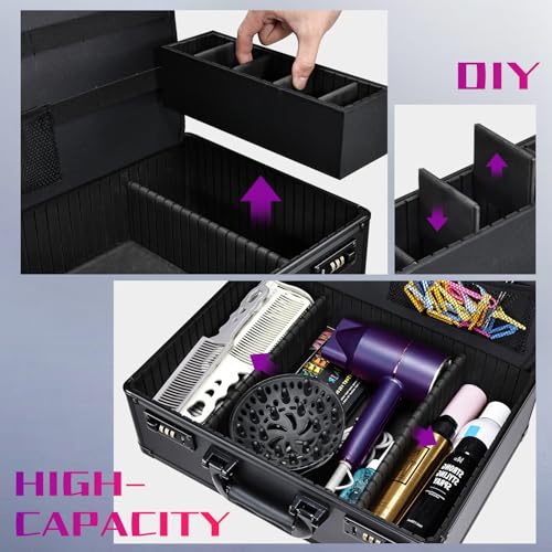 Barber Accessories Case, Profesional Barbers Briefcase Tool Case, Barber Cases for Clippers and Supplies, Hair Scissors Clippers Trimmer Organizer, Barbers Suitcase with Code Lock (Black with Mirror)