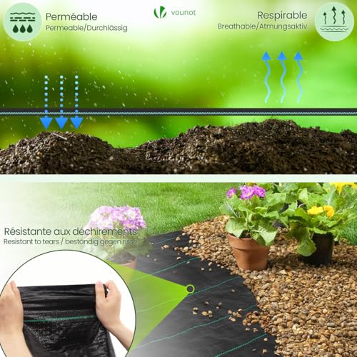 VOUNOT Unkrautfolie mit 30 Erdanker, 2mx10m, Anti-Unkrautgewebe Unterbodengewebe Bändchengewebe, Bodengewebe Wasserdurchlässig und Reißfestes, UV Stabil 100g/m²