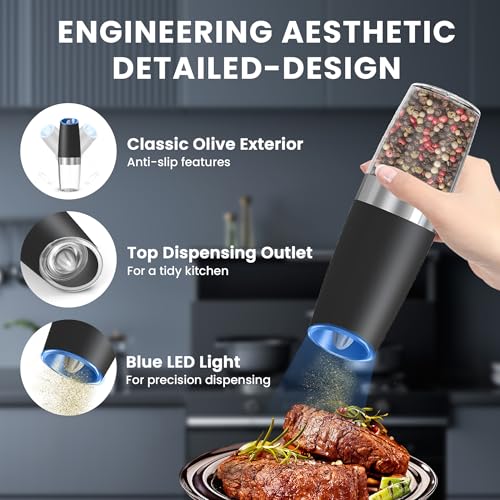 Gravity Electrical Salt and Pepper Grinder set of two, Automated Salt And Pepper Grinder Set, Adjustable Roughness, Battery Powered, LED Mild, 2 Pack, (Black) - Image 5