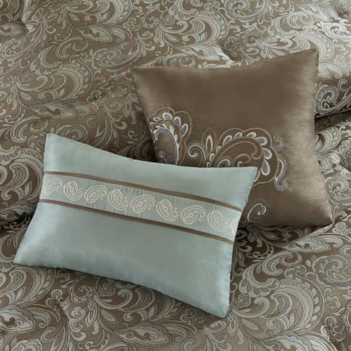Image of Madison Park Essentials Brystol 24 Piece Room in a Bag Faux Silk Comforter Jacquard Paisley Design Matching Curtains Down Alternative Hypoallergenic All Season Bedding-Set, King (104 in x 92 in), Blue | Matching Curtains Room in a Bag, Down Alternative Bedding Set, All Season, Machine Washable, Wrinkle Resistant, Ultra Soft