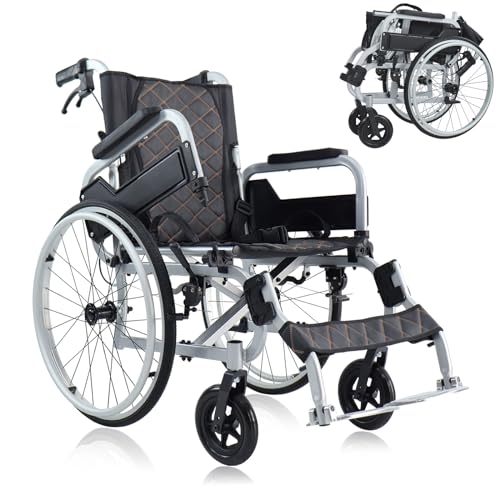 Aluminum Multifunctional Manual Wheelchair(only 18 lbs), No Assembly Required Wheelchairs for Adults, Swing Away Footrests, Quick Release 22 Inch Rear Wheels, 17” Seat Width