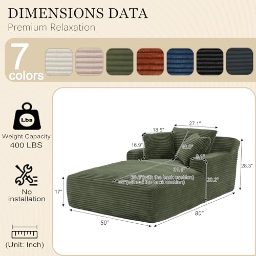Image of 80 Inch Chaise Lounge Chair Indoor, Oversized Corduroy Upholstered Boneless Sofa Bed, Deep Seat Sleeper Couch Reading Chairs, Cloud Sofas Couches for Living Room, No Assembly Required (Olive Green)