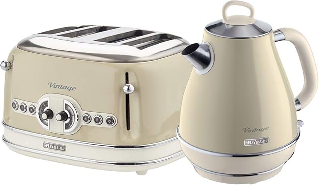 Ariete ARPK19 Retro Style Jug Kettle and 4 Slice Toaster Set, Vintage Design, Beige