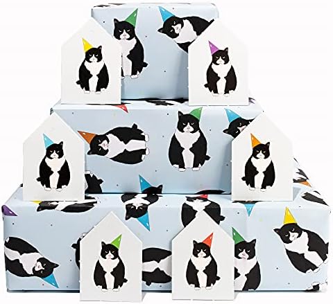 Blue Wrapping Paper - Cats in Hats - 6 Sheets of Birthday Gift Wrap - For Men Boys Kids - For Baby Shower, Anniversary, Valentines Day Wrapping Paper - Recyclable - By Central 23