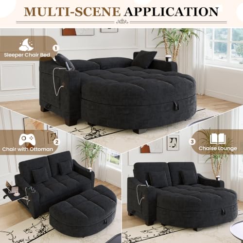Image of 60 inch Loveseat Chaise Lounge Chair with Ottoman, Tufted Chenille Chaise Sofa with Storage & Adjustable Back / Side Table / USB Charging, Cozy Reading Lounge Chair and A Half for Living Room, Office, Black