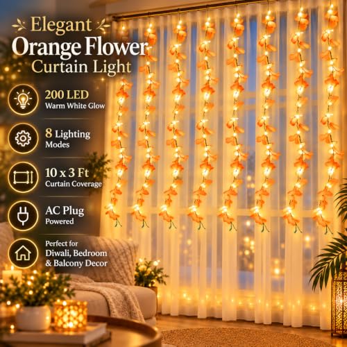 Image of One94Store Peach Artificial Flower Curtain LED String Lights - 200 LED Warm White Fairy Lights, 8 Modes, AC Plug, Orange Flower Lights for Diwali, Balcony, Bedroom, Wedding & Home Decor (10x3 Ft)