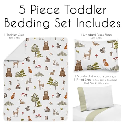 Image of Sweet Jojo Designs Woodland Forest Animals Boy Girl Gender Neutral Toddler Bedding Set Kids 5p Bed in a Bag Comforter Blanket Pillowcase Sham Sheets Animal Friends Green Grey Brown Bear Fox Hedgehog