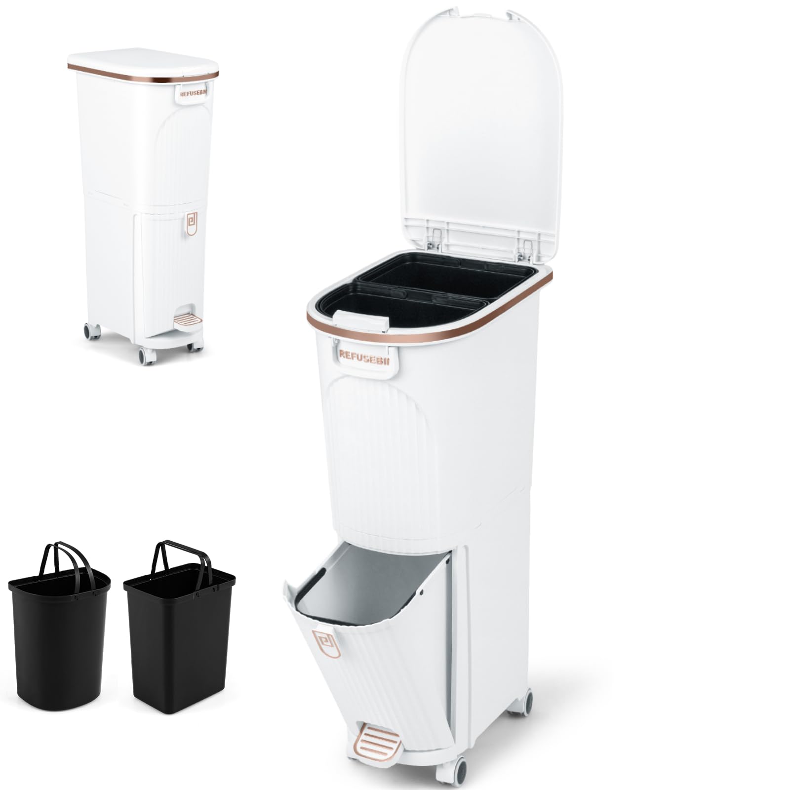 TANGZON Recycling Bins, 38L/43L Trash Can Garbage Bin with 3 Compartments, Wheels, Retractable Pedal, Handles & Stickers, 2 Tier Vertical Waste Separation System for Home Kitchen (White, 43L, 1 Lid) — image 1