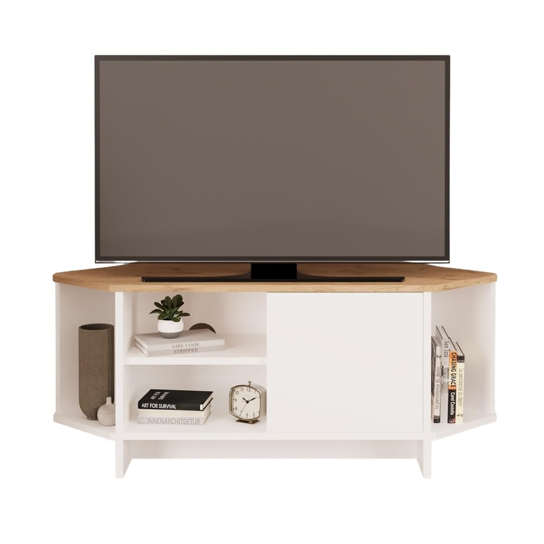 Bimossa Teo Corner TV Stand – Space-Saving TV Unit for 43–48'' TVs, Compact Media Console with Open Shelves & Cabinet, Ready to Assemble, Available in 5 Colours (Oak&White)