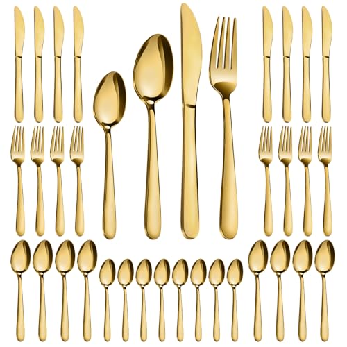 Pleafind Cutlery Set - 32 Piece Gold Cutlery Set for 8 People Stainless Steel Tableware Silverware Set with Spoon Knife and Fork Sets Mirror-Polished Dishwasher Safe