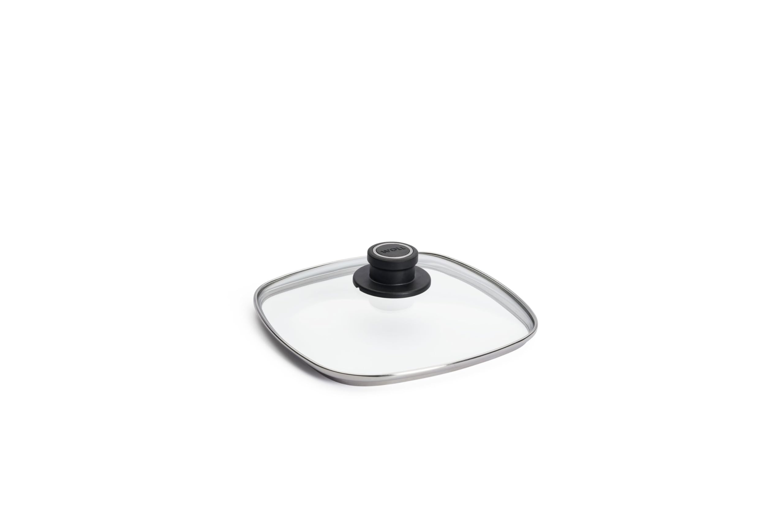 Woll Safety Glass Lid, Square, 22 x 22 cm, Lid Knob with Permanent Ventilation, Stainless Steel Edging, Transparent, Oven Safe up to 250°