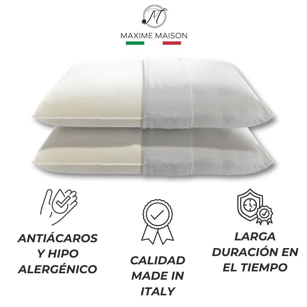 MAXIME MAISON - Almohadas Viscoelasticas 70 Pack 2 Made in Italy, Almohada Cervicales y Cuello Ergonómica para Dormir, Cojines Cama 40x70 cm (2, Funda Clásica, Altura 11)