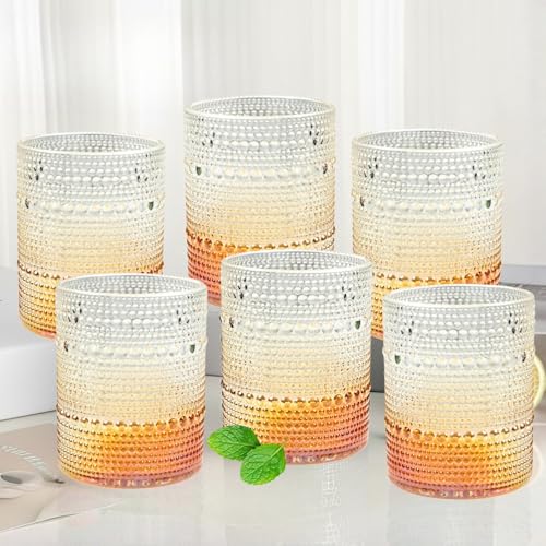 Image of Kookee Jupiter Vintage Hobnail Bubble Glass Old Fashioned Whiskey Tumbler | Textured Beaded Cocktail Drinking Glasses Set of 6 | 300ml (11763)