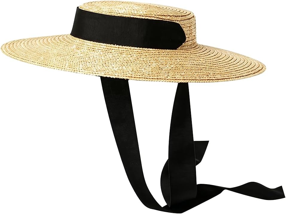 Women Flat Top Wide Brim Straw Hat, Beach Fishing Hat Summer Sun Cap with Ribbon Band
