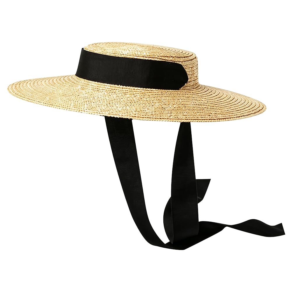 Gorra plana de ala ancha, sombrero de paja de verano para mujer con lazo para exteriores