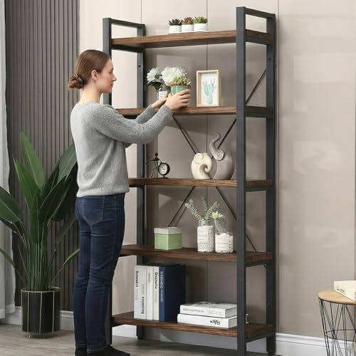 Image of 5-Tier Industrial Bookshelf with Solid Wood Shelves & Metal Frame | Open Display Storage Rack for Living Room, Bedroom, Office, Study | Book self | Rustic Brown | 80x30x160 cm