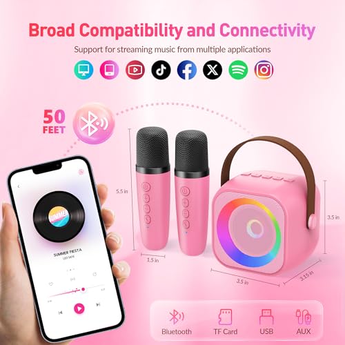 Image of Mini Karaoke Machine with 2 Wireless Microphones for Kids Adults,Portable Bluetooth Karaoke Speaker with Party Lights,Christmas Birthday Gifts for Girls Ages 4, 5, 6,7, 8, 9, 10,12+ Family Home Party