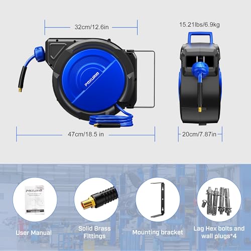 POXURIO 80FT+6.5FT Retractable Air Hose Reel, 3/8" Hybrid Air Hose, Air Compressor Hose Reel with Max 300 PSI Patented Design, Retractable Auto-Rewind Enclosed Heavy Duty 180° Swivel Mount by POXURIO - Used condition - Image 3