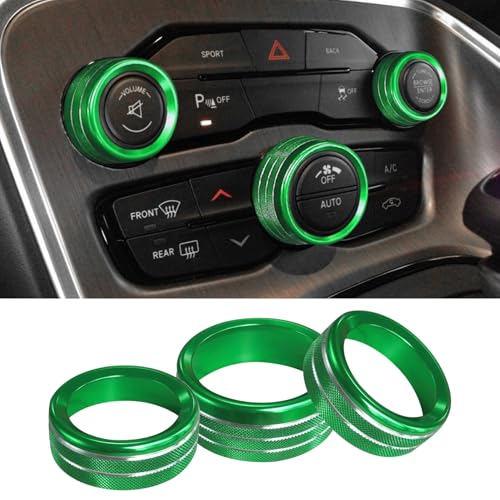 Tecledsn 3PCS Air Conditioner Switch Button Knob Cover, Aluminum Alloy Knob Ring Trim Cover, Climate Control Knob Covers, Auto Accessories Compatible with Dodge Challenger Durango 2015-2022 (Green)