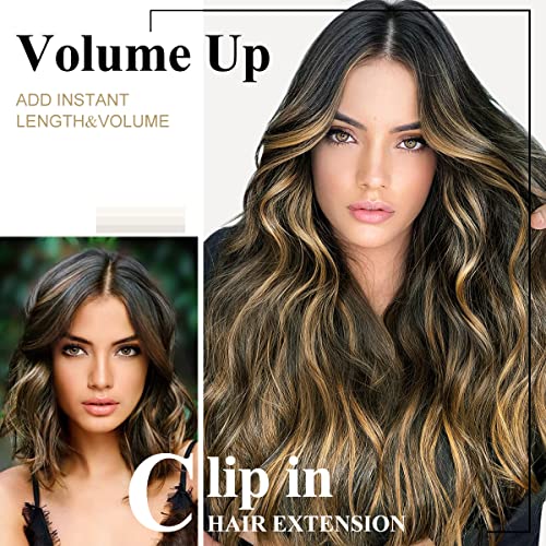 Ombre Clip In Hair Extensions Highlight Balayage Brown Hair Extensions Dark Roots Hairpieces For Women Long Wavy Hair Extensions （Chocolate Brown To Caramel Blonde 20Inch) #TOP5