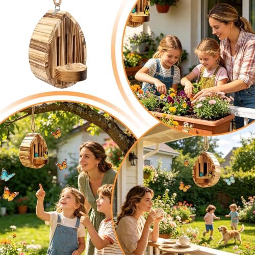 Refugio de mariposas multifuncional de madera natural con jaula protectora 4