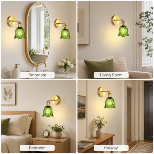 Image of Vintage Gold Wall Sconces Set of 2, Hardwired Wall Mounted Light Fixtures with Clear Green Tulip Glass shade, 2 Usage Methods Wall Decor Set of 2 Wall Light fixtures for Living Room Hallway Bedroom