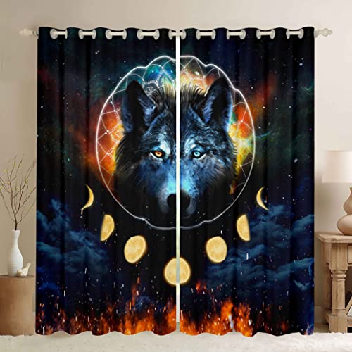 Loussiesd Wolf Curtains for Bedroom Living Room Sun Moon Wolf Room Curtain Galaxy Dreamcatcher Wolf Window Drapes Bohemian Mandala Window Draperies Set of W46*L54