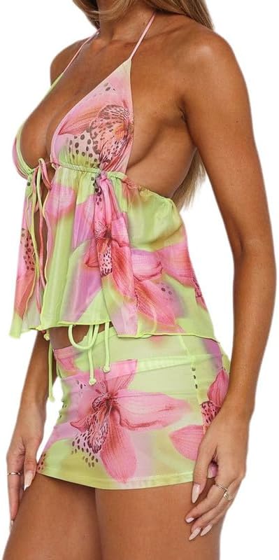Argeousgor Women Y2k 2 Piece Mini Skirt Set Cute Halter Tank Top Low Waist Short Skirt Boho Summer Beach Going Out Outfits - Image 2