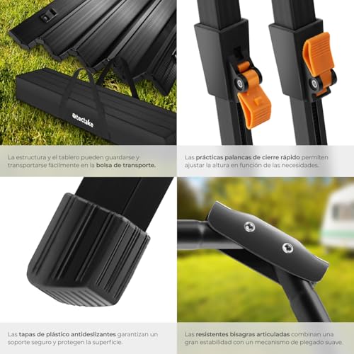 tectake® Mesa Camping Plegable con Altura Ajustable, Mesa Auxiliar de Aluminio con Topes, Mesa Exterior para Jardín, Terraza, Picnic, con Red de Almacenamiento y Bolsa de Transporte, 90x52x70 - Negra - imagen 6