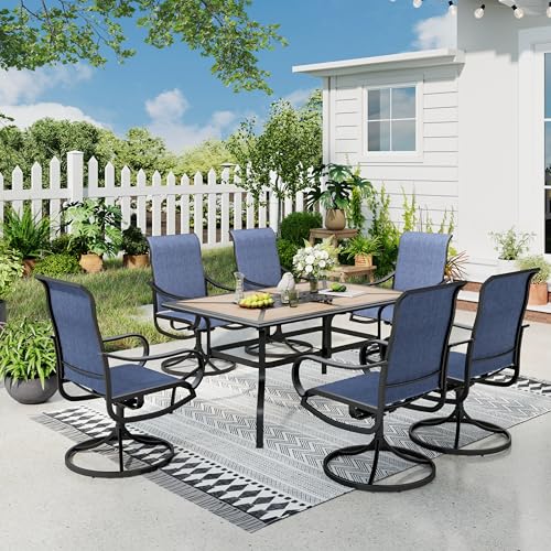 Image of Sophia & William Patio Dining Sets Outdoor Dining Set for 6 Patio Table and Chairs Set 7 Pieces with Swivel Patio Chairs, 61 inchx 38 inch Wood Like Metal Table for Garden Pool All Weather Blue