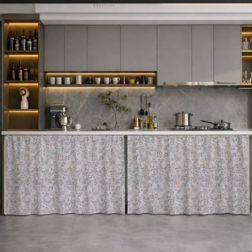 Image of LINENWALAS Under Sink Curtain for Kitchen - Pack of 2 | 106x91 cm Cotton Under-Sink Cover | Washable Storage-Hiding Curtain with Rod Pocket | Kitchen & Bathroom Cabinet Cover (Skylet Breeze)