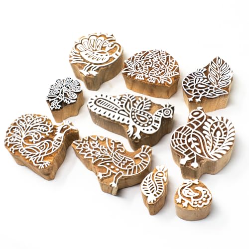 Image of Hashcart Wooden Peacock Design Printing Stamps Set of 10 - Gifts for Craft Lovers and Artists - Handmade Indian Rosewood Blocks for Printing on Fabric and Clay