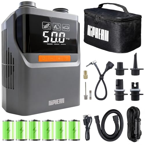 Niphean Elektrische Luftpumpe Akku, 50 PSI Luftpumpe Elektrisch für Autoreifen, Fahrrad, Luftmatratze, SUP Pumpe Elektrisch mit Tragetasche, Akku Pumpe mit Auto-Stopp für Aufblasbares&Entlüftung