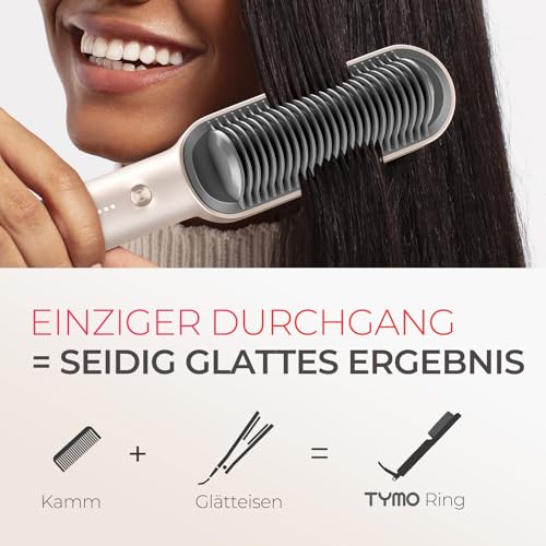 TYMO RING Glättbürste Haarglätter Bürste - Keramik Glätteisen und Haarbürste 2 in 1, Elektrische Verbrühungsschutz Glättungsbürste Kamm, 25s Schneller Aufheizen, 5 Temp Einstellungen, Gold