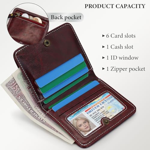 Small Wallets for Women, Flower Snap Soft PU Leather Slim Wallet Women Compact Card Holder Wallet with Zip Pocket (Red)4