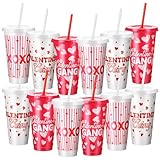 Yungyan 12 Pcs Galentine's Day Decorations Plastic Cups with Lids Galentine's Day Gifts Valentine Party Favor 24 oz Reusable Tumbler Bulk Party Decorations Supplies