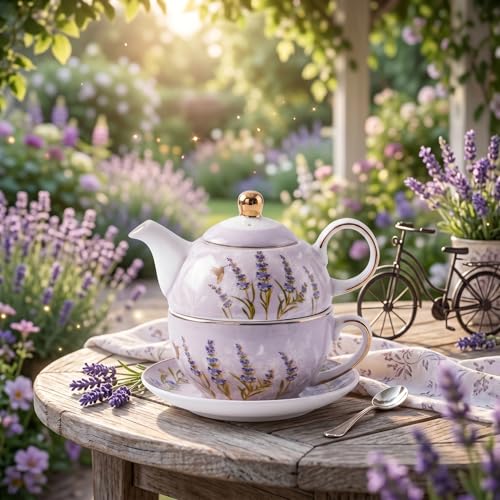 Tea For One Set de cerámica púrpura: juego de tetera individual con platillo de lavanda 2