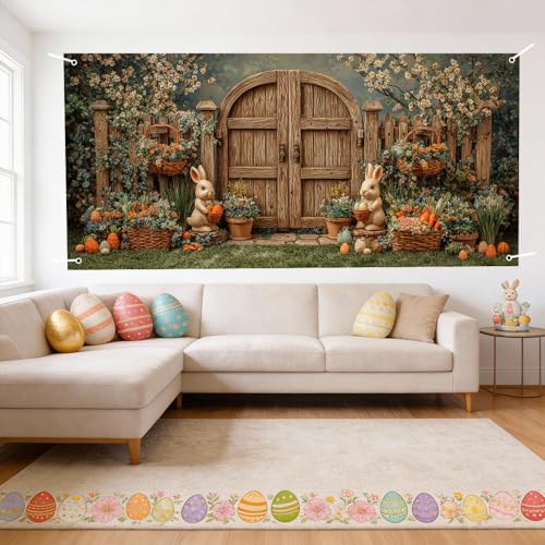 Image of Spring Garden Garage Door Cover 157x70 inch Bunny Floral Rustic Wood Door Farmhouse Outdoor Mural Banner Easter Decoration Home Decor
