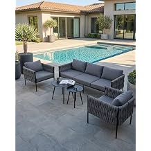5 Piece Patio Furniture Set, Woven Rope Outdoor Furniture Couch with 2 Round Coffee Tables, All Weather Patio Conversation Sets with Oversized 3-Seater Sofa & Washable Cushions for Backyard