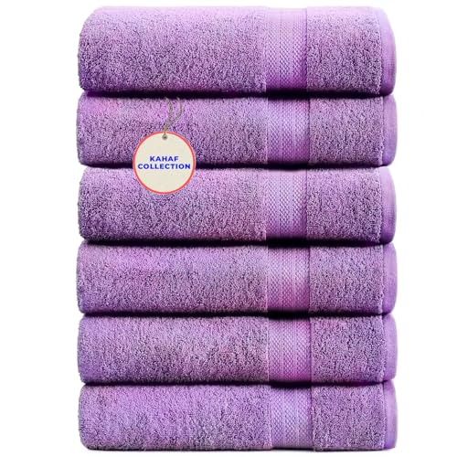 KAHAF COLLECTION 100% Cotton Bath Towels, 24x48 Pack of 6 Towels, Quick Dry, Highly Absorbent, Soft Feel Towel, Gym, Spa, Bathroom, Shower, Pool, Luxury Soft Towels (Light Purple, 24x48-6 Pack)