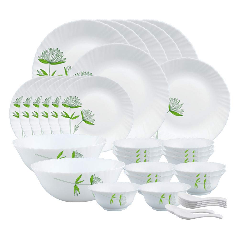 Larah by Borosil Green Lily Opalware Dinner Set, 35 Pcs, White