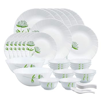 Larah by Borosil Green Lily Opalware Dinner Set, 35 Pcs, White
