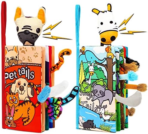 Baby Books 0-6 to 12 Months, 2PC Infant Tummy Time Teething Toys Touch Feel Sensory Crinkle Cloth Soft Book Teether 3-18 Month Early Learning Stroller Bath Shower Toy Gifts for Newborn Babies Girl Boy