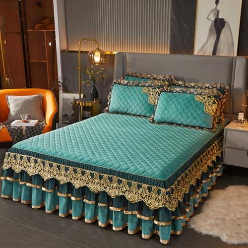 Image of Crystal Velvet Lace Bed Skirt, Queen/Full/King Size Quilted Bedspread Set with 2 Pillowcases, Ruffled Trim & Gold Floral Embroidery, Rhombus Texture