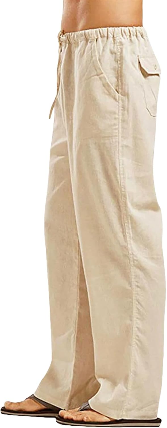 Men's Cotton Linen Lounge Pants, Soft Pre-Washed Elastic Waist Loose Fit Wide Leg Trousers for Yoga & Daily Wear