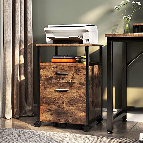 Tc-Homeny Mobile File Cabinet On Wheels Office Cabinet With 2 Drawers, Wood Filing Cabinet Fits A4 Or Letter Size For Home Office, Rustic Brown #TOP20