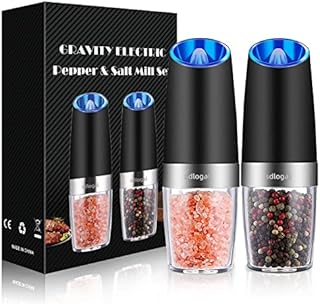 Gravity Electric Salt and Pepper Grinder Set, Battery Operated, Automatic Salt and Pepper Mills with Blue Light(Black, 2pcs/Pack), Adjustable Coarseness,One Handed Operation,Cleaning Brush