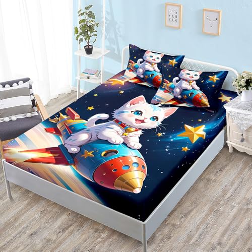 Spannbettlaken 160x200cm Katze Blauer Stern Bettlaken 160 x 200 Mikrofaser Topper Spannbettlaken 160x200 Spannbetttuch 160x200 Atmungsaktiv Bed Linen Waschbar Bettbezug 160x200 30cm Tiefe