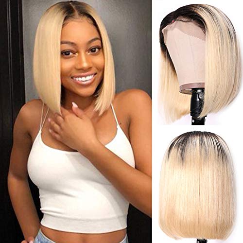 Smartinnov Hair Ombre Blonde Human Hair Bob Wigs 13x1x4 T Part Lace Front Remy Hair 1B/613 180% Density Pre 10 Inch Bleached Knot Wig Plucked with Baby Hair Middle Part Ombre 613 Bob Wigs